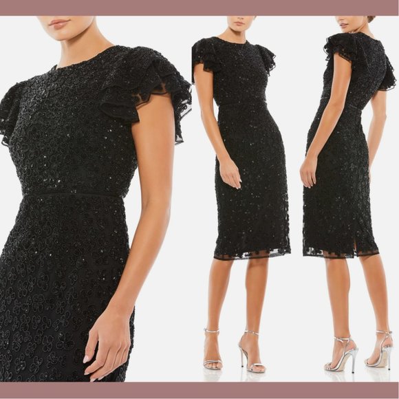 NWT $498 Mac Duggal [ 4 ]‎ Beaded Ruffle Sleeve Midi Cocktail Dress Black #Q540 - Picture 1 of 12